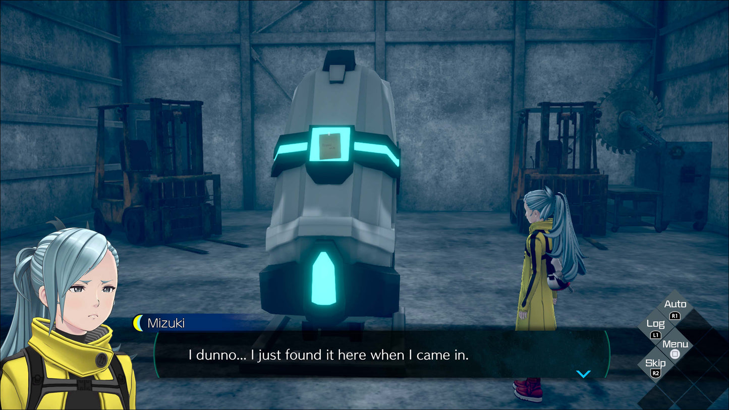 In-game screenshot of Mizuki investigating a pod in a warehouse setting