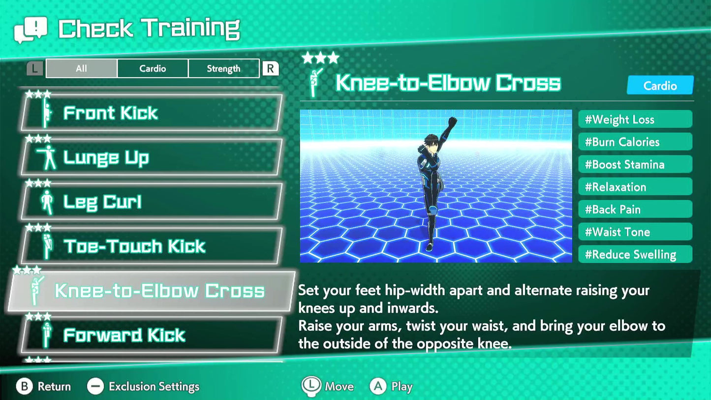 In-game screenshot of exercise menu showing different exercises