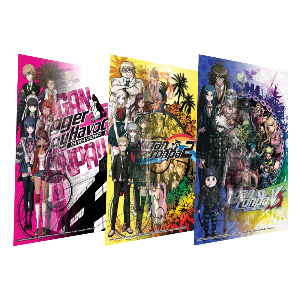 Angled view of three lenticular prints. One for each of the Danganronpa games
