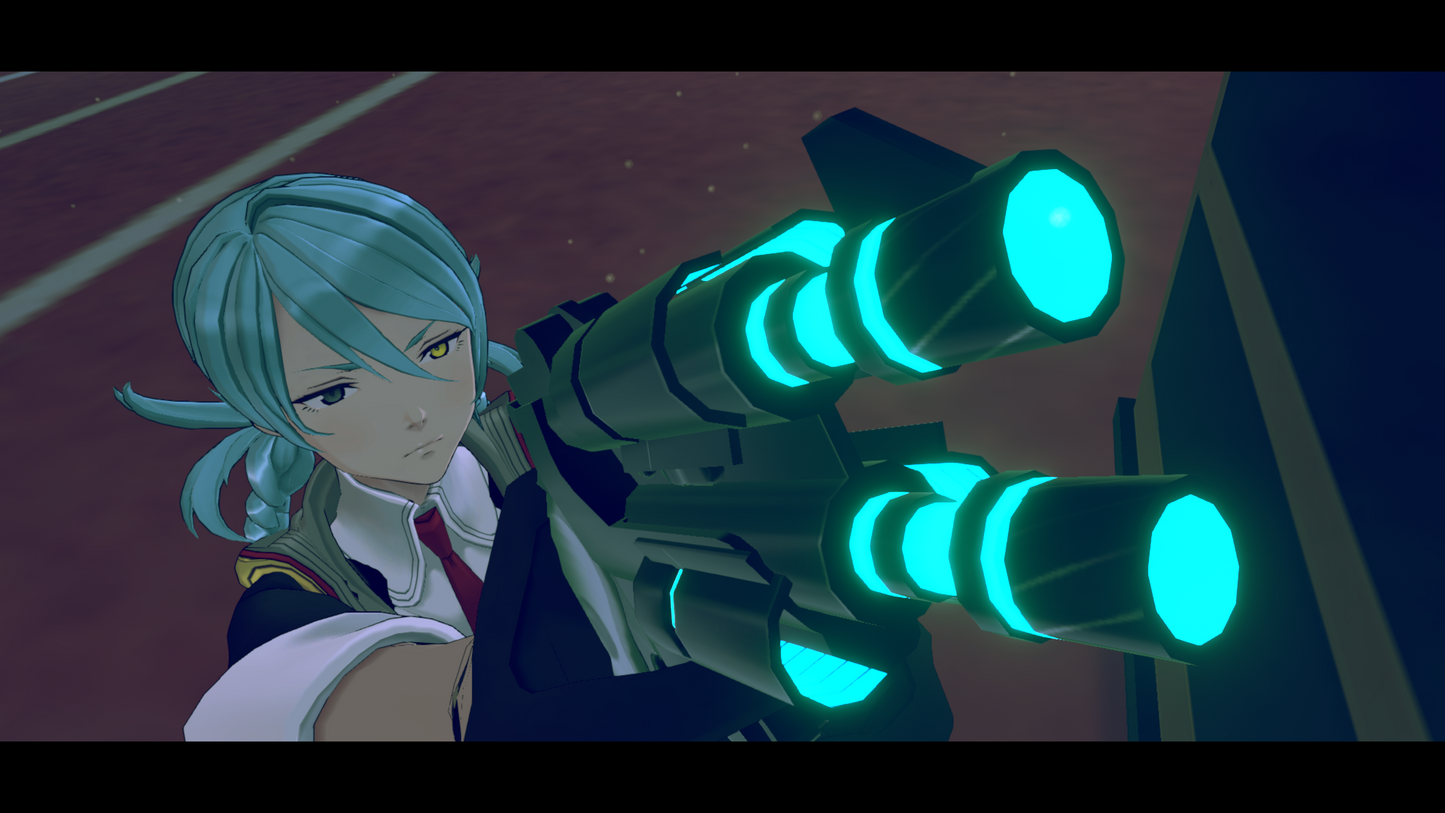 Animated character with blue hair and glowing green weapon in a dark setting