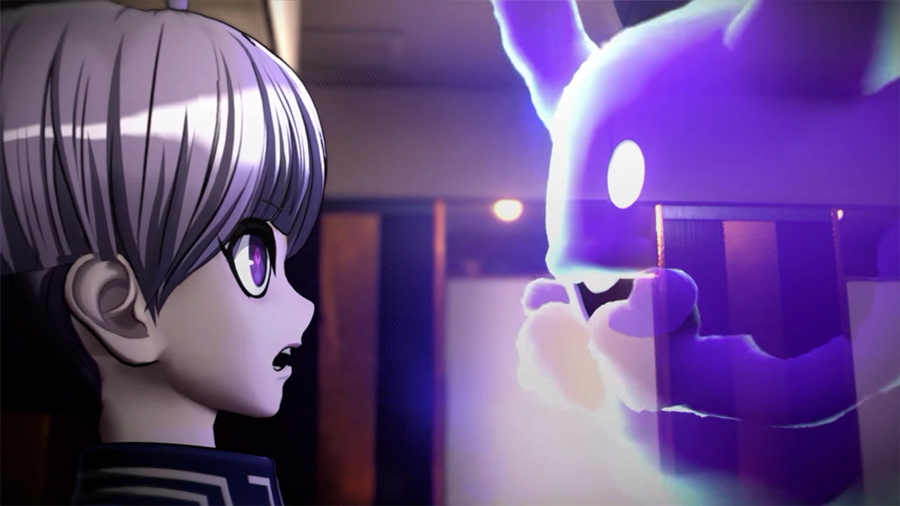 In-game screenshot of characters Yuma and Shinigami talking