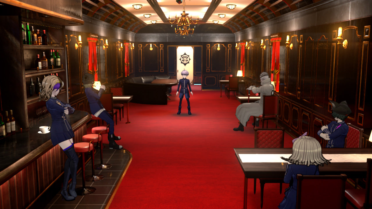 In-game screenshot of six Master Detectives meeting in a train car