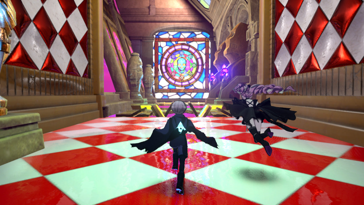 In-game screenshot of Yuma and Shinigami running down a hallway in a Mystery Labyrinth