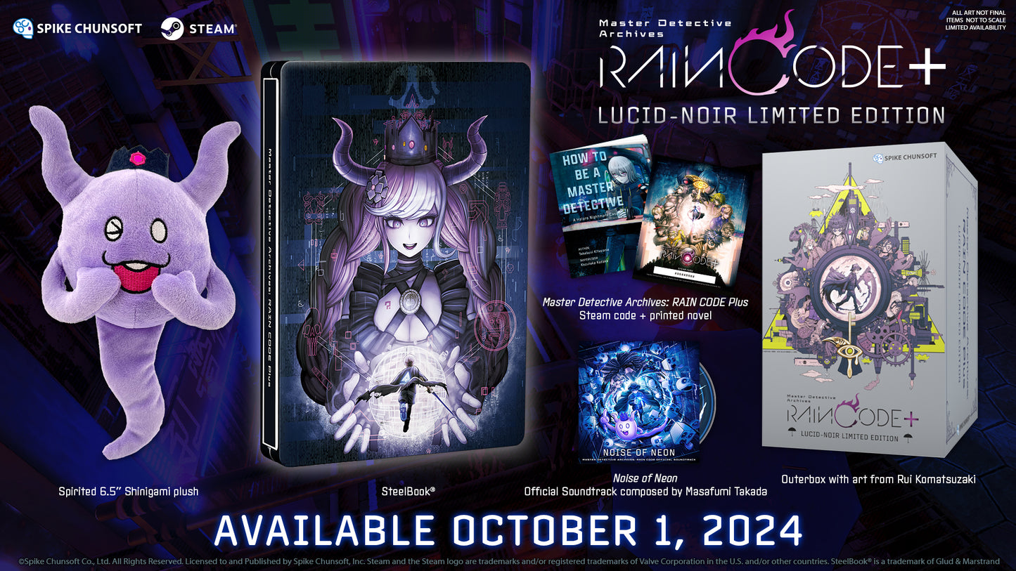 Glamshot showcasing LE items. Showing outerbox, Shinigami plush, steelbook, printed novel, Steam code voucher, and OST