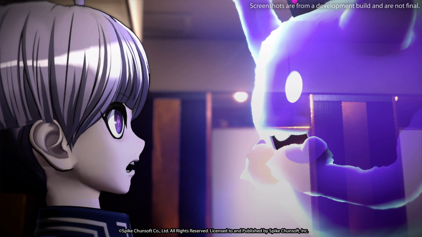 In-game screenshot of characters Yuma and Shinigami talking