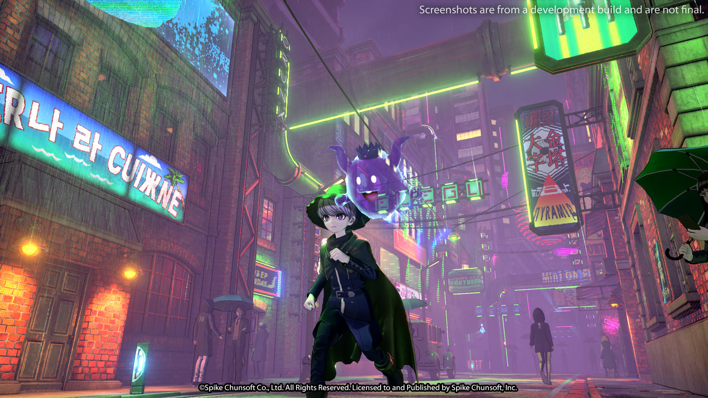 In-game screenshot of characters Yuma and Shinigami running through the city