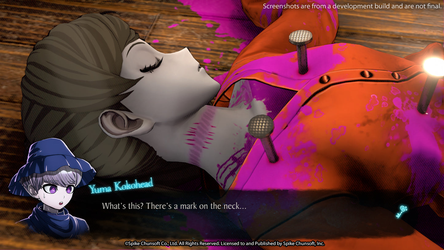 In-game screenshot of Yuma investigating a murder scene victim