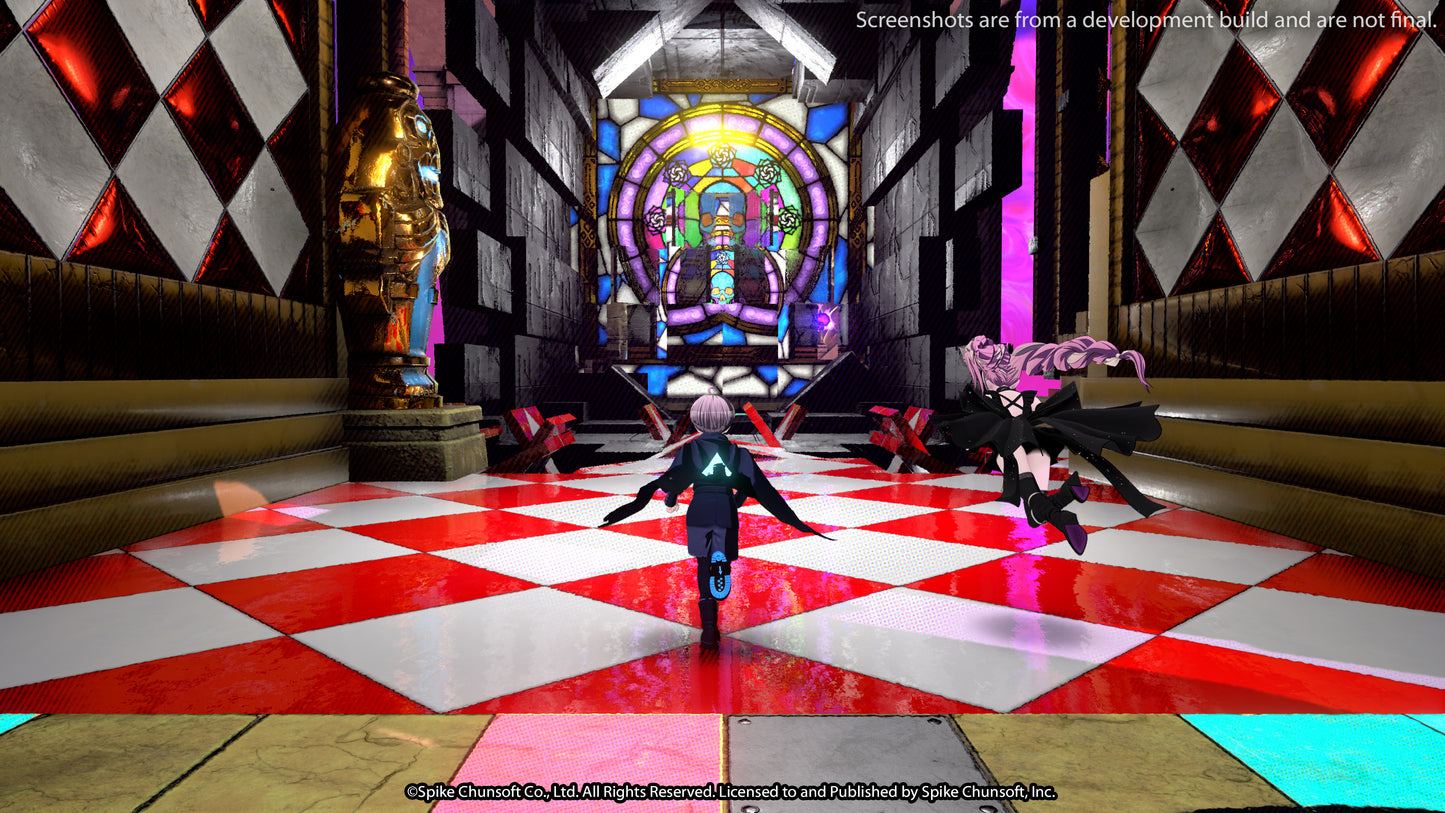 In-game screenshot of Yuma and Shinigami running down a hallway in a Mystery Labyrinth