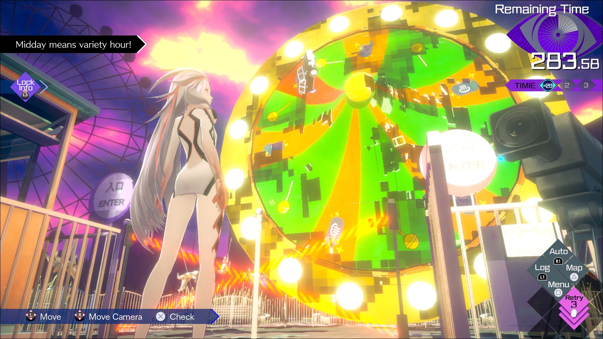 Colorful Ferris wheel at a theme park with Aiba and game interface elements.