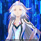 Animated character with white hair and futuristic outfit against a digital background