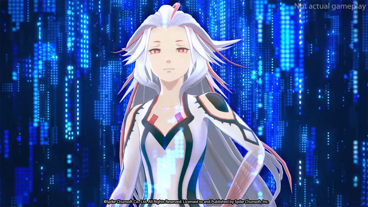 Animated character with white hair and futuristic outfit against a digital background
