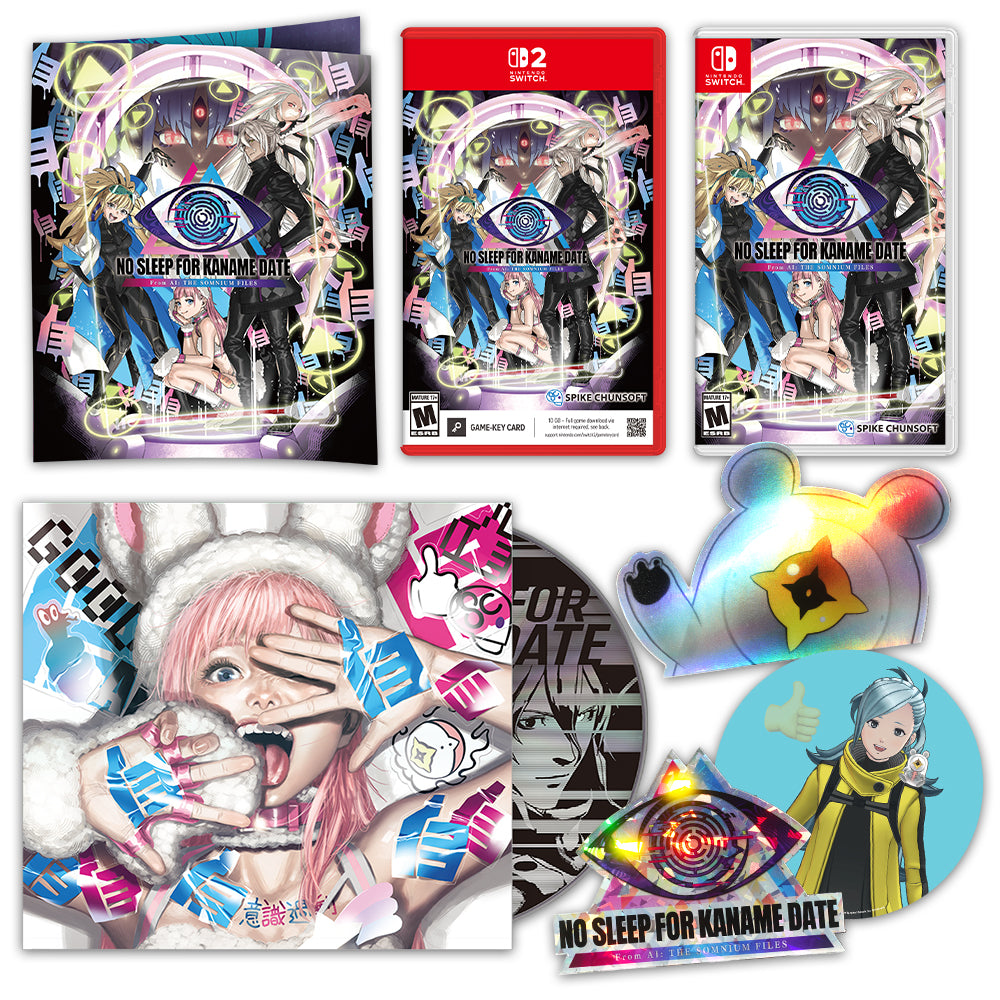 Showcases each front of game format -STEAM, Switch and Switch 2 and OST sleeve with disc peeking out and the 3 stickers that come with this edition