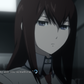 Kurisu with a serious expression in a dimly lit room.