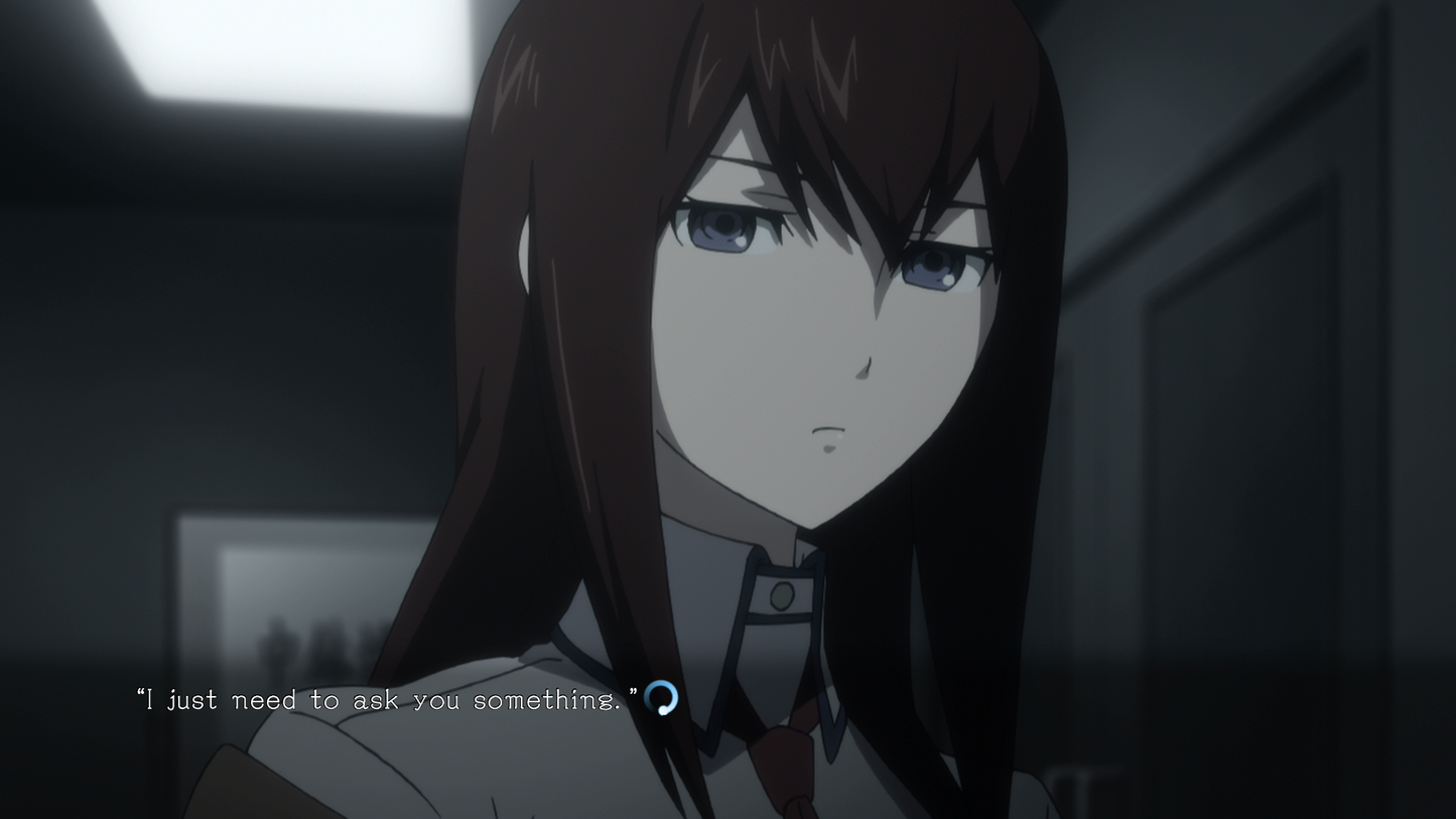 Kurisu with a serious expression in a dimly lit room.