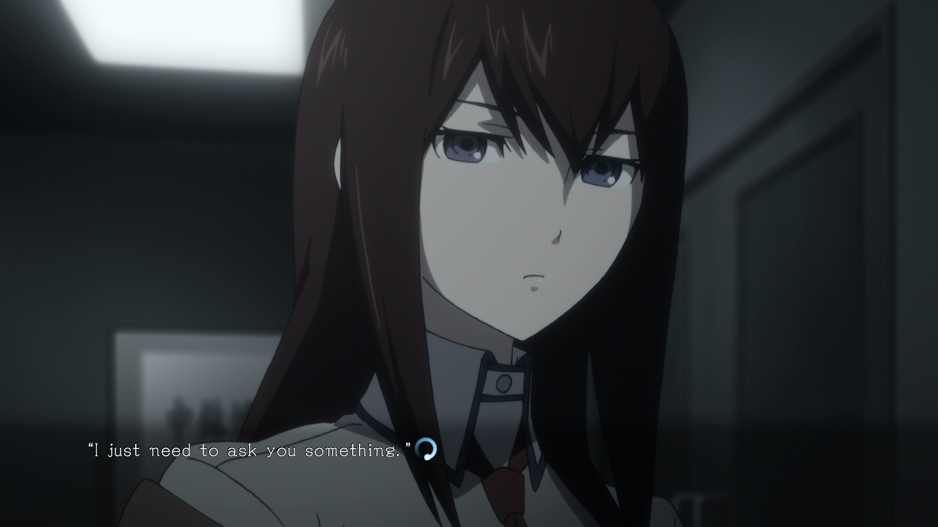 Kurisu with a serious expression in a dimly lit room.