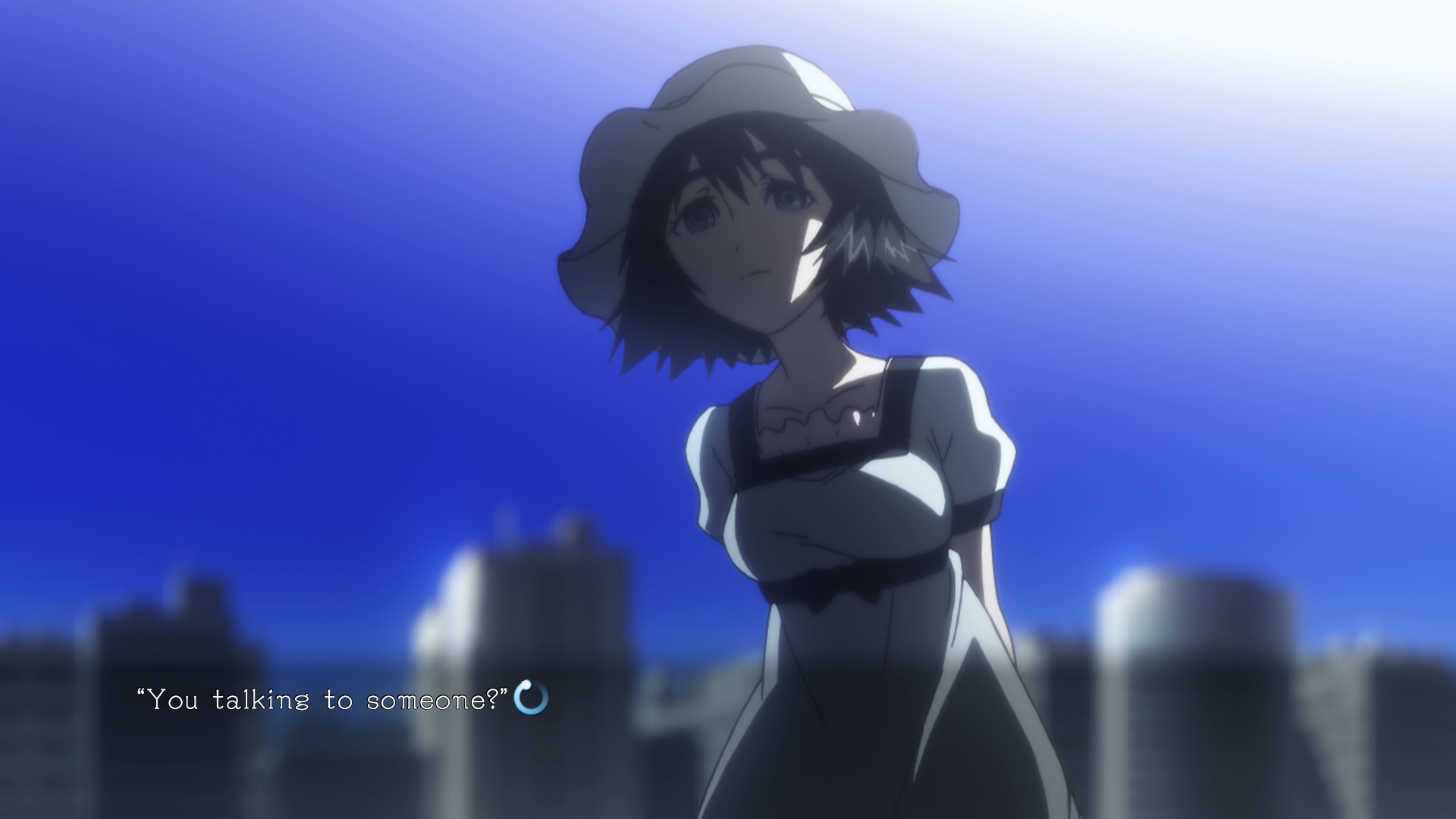 Mayuri with a hat and outfit against a blue sky background