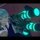 Animated character with blue hair and glowing green weapon in a dark setting