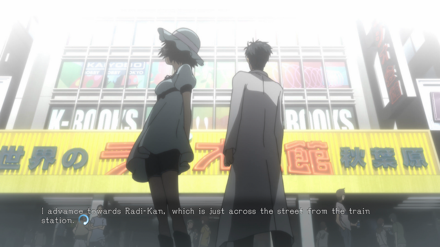 Mayuri and Okabe standing in front of a store with a large sign.