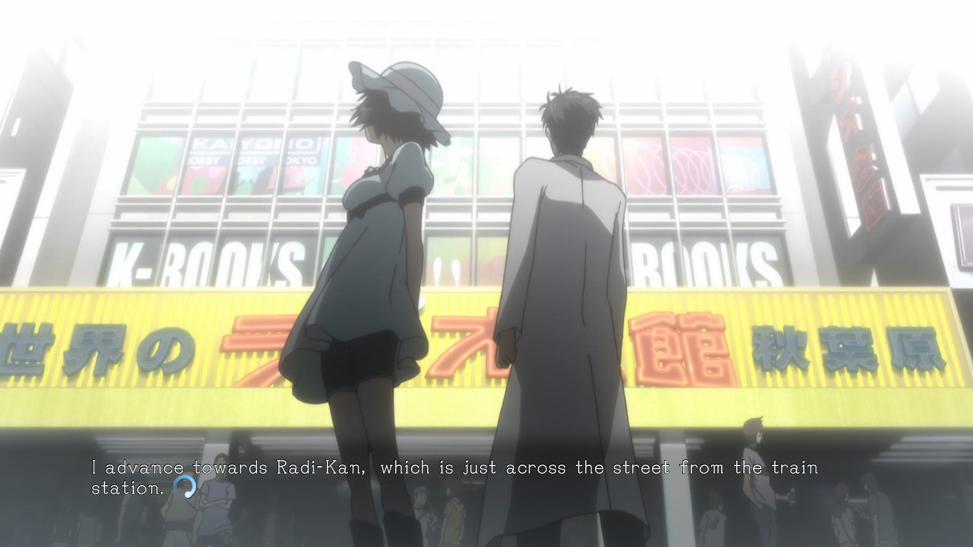 Mayuri and Okabe standing in front of a store with a large sign.