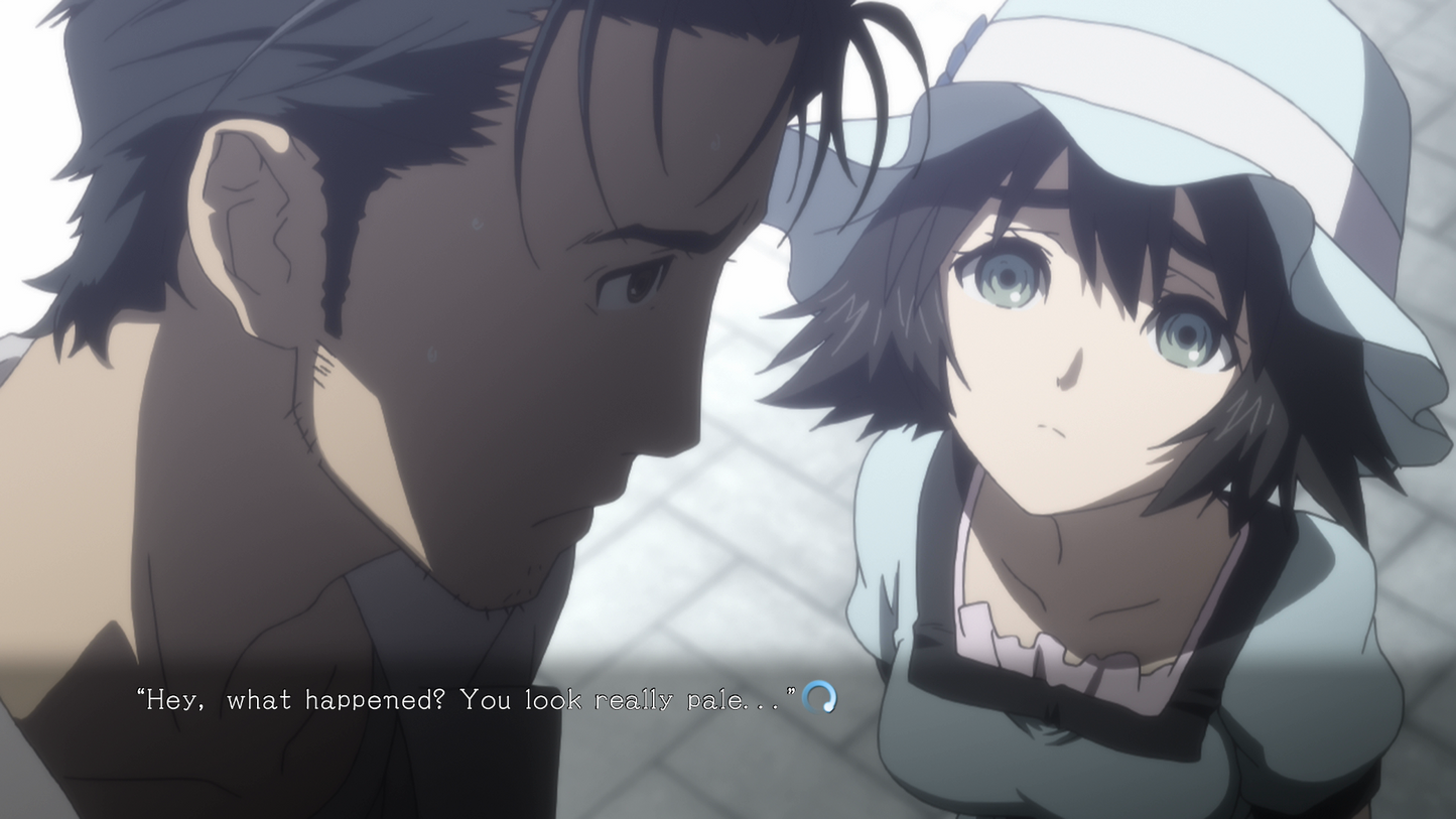 Okabe and Mayuri in a close-up with dialogue text.