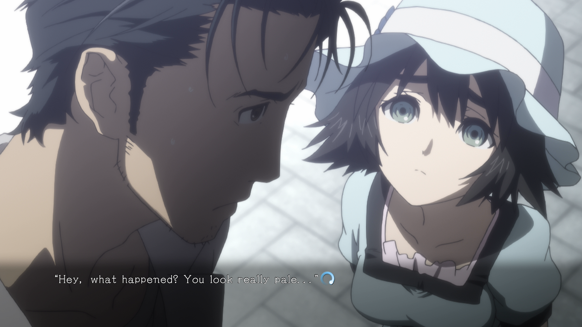 Okabe and Mayuri in a close-up with dialogue text.