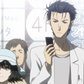 Okabe using a smartphone in a crowded area with Mayuri.