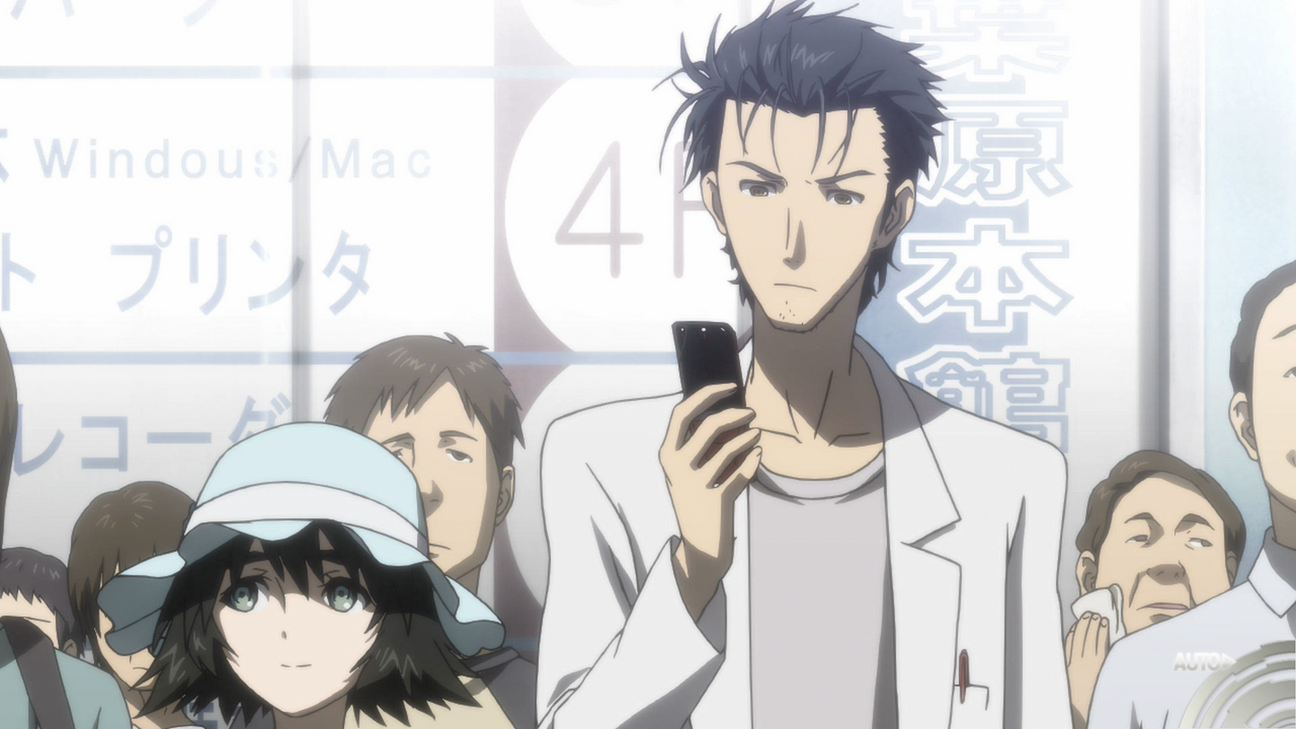 Okabe using a smartphone in a crowded area with Mayuri.