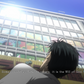 Okabe looking up at a building with colorful advertisements on a sunny day