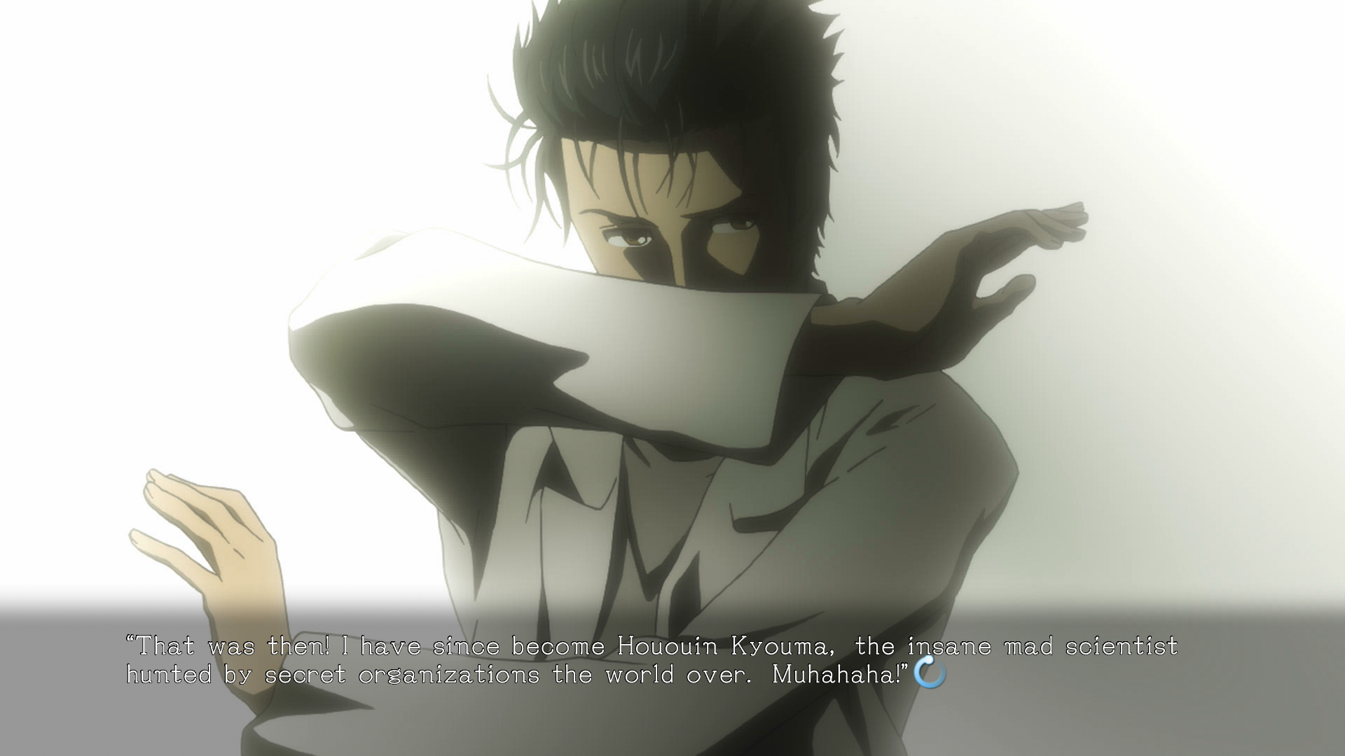 Okabe with a serious expression on a plain background