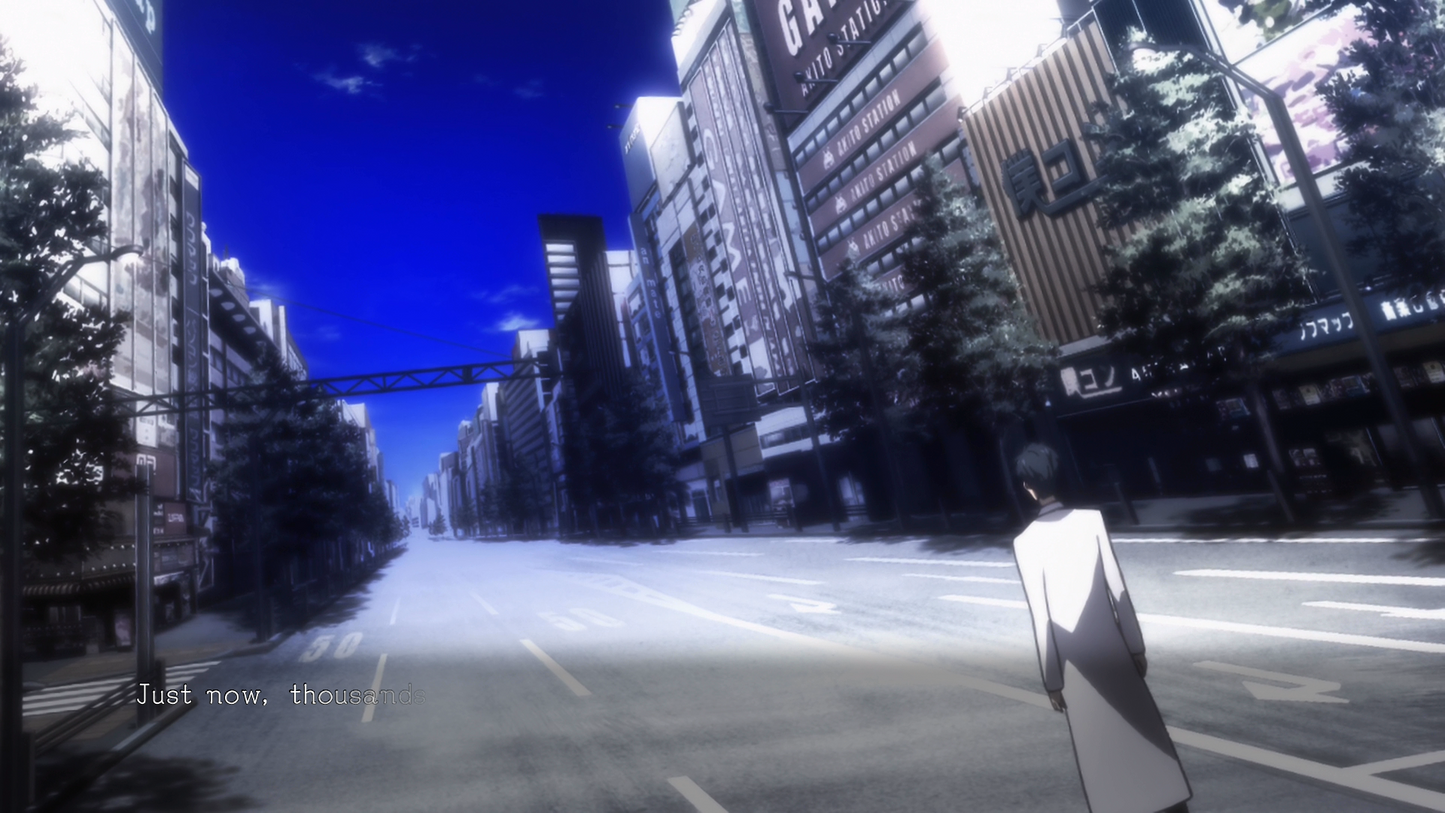 Okabe standing on a city street with tall buildings and a blue sky.