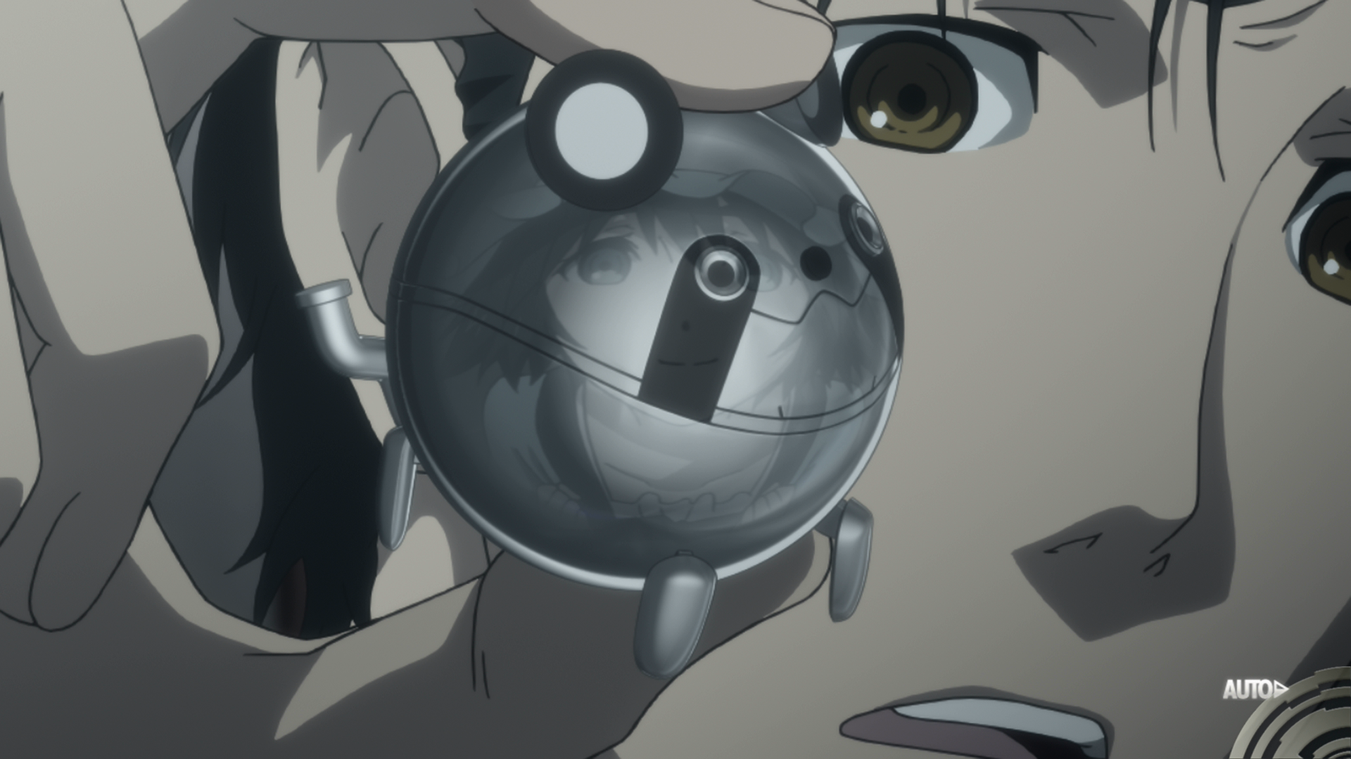 Close-up of a metal Upa with a Mayuri's face reflected on it.