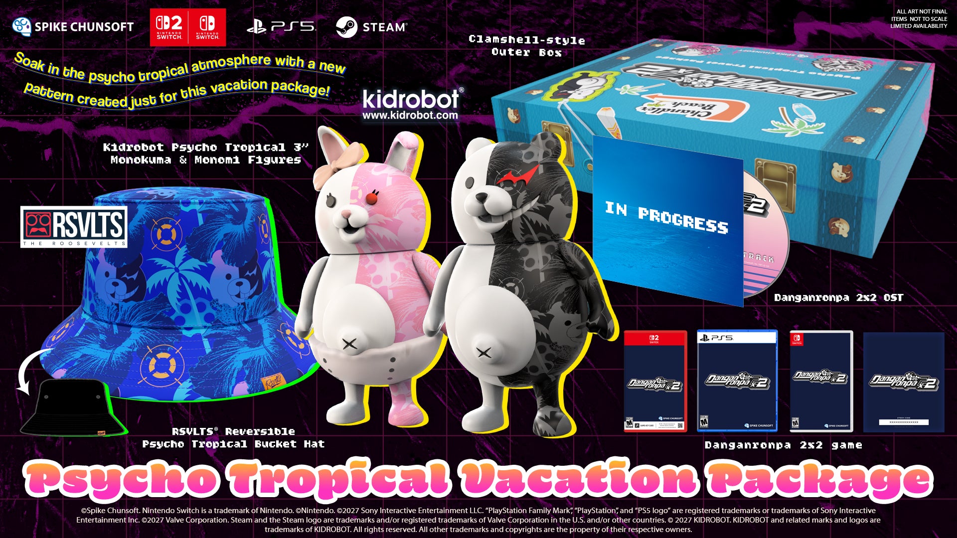 Psycho Tropical Vacation Package promotional graphic featuring a blue box, a blue patterned bucket hat, two plush figures (one pink and one black/white camo), game cards, and logos including Spike Chunsoft, PS5, Steam, and Kidrobot.